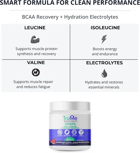 Miniatura 5 de TruMe - Polvo natural BCAA con electrolitos - Suplemento vegano después del entrenamiento - Sandía agria - Polvo de electrolitos potente sin azúcar