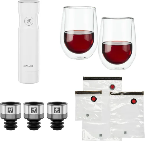 ZWILLING Fresh & Save Wine Gift Set – Máquina selladora al vacío inalámbrica bomba de mano con sellador de vino al vacío y juego de copas de vino de