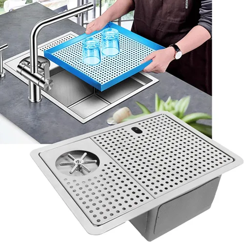 Miniatura 2 de FLEXMAN Enjuagadora de vidrio, 20.1 x 14.6 x 7.9 pulgadas de acero inoxidable, juego de máquina comercial de limpieza de vidrio con escurridor