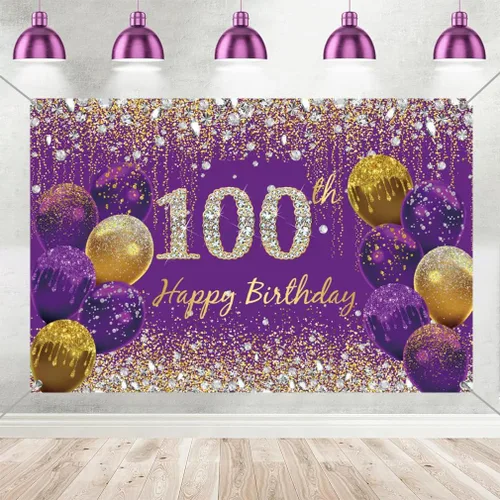 Decoración de cumpleaños número 100 para mujer, póster de tela morada, decoración de fiesta de nacimiento y fiesta, pancarta de fondo 100 pies B