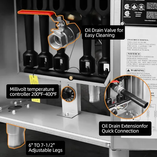 Miniatura 7 de Freidora Comercial Profunda con 2 Canastas, Freidora de Gas Natural de 90000 BTU - Certificada CSA, 200°F-400°F 3 Tubos, Freidora de Piso de Acero