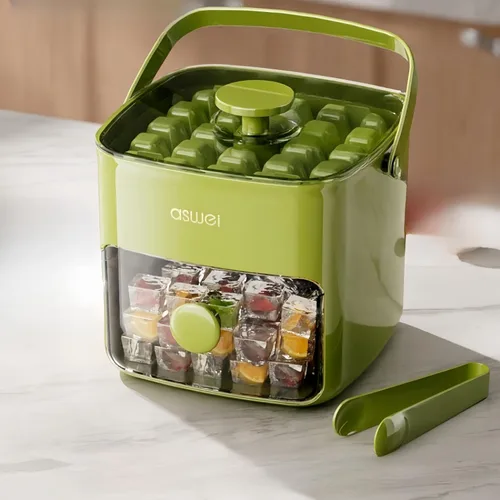 Miniatura 6 de Bandeja compacta para cubitos de hielo con tapa y contenedor, mini máquina de cubitos de hielo tipo prensa para congelador, cubo de hielo pequeño