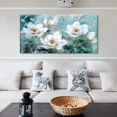 Miniatura 3 de Arte de pared de rosas abstractas para sala de estar, pintura verde gris de 30 x 60 pulgadas, pinturas de acuarela flores floribunda enmarcadas