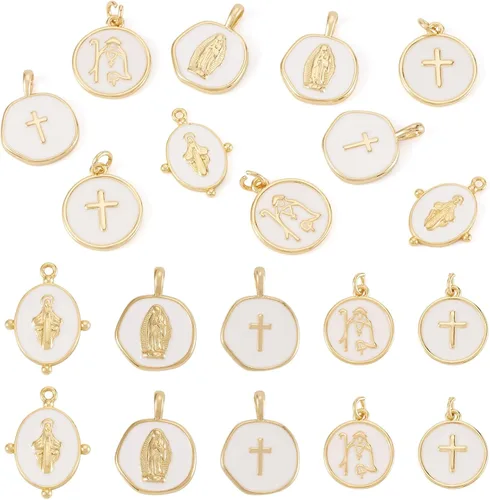 Miniatura 12 de Cheriswelry 12 dijes celestiales chapados en oro de 18 quilates con diseño de estrella, sol, luna, planos, redondos, esmaltados, colgantes, adornos