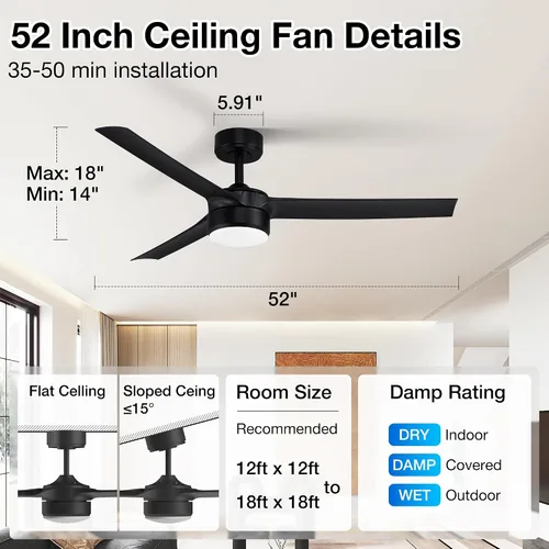 Miniatura 2 de cumilo Ventiladores de techo inteligentes de 52 pulgadas con luz y control remoto, luces LED regulables, motor de CC silencioso, control a través