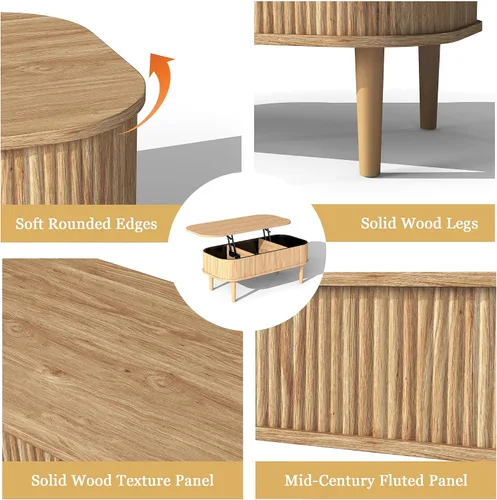 Miniatura 4 de Mesa de centro acanalada con tapa elevable y almacenamiento oculto, mesa de centro ovalada con tapa elevable, diseño moderno de mediados de siglo