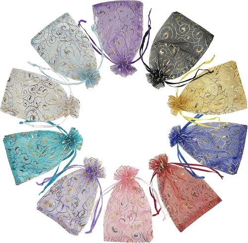 Miniatura 12 de Jexila - 24 bolsas de regalo de organza de Navidad de 4 x 6 pulgadas con cordón, 11 patrones mixtos, pequeñas bolsas de caramelos para fiestas
