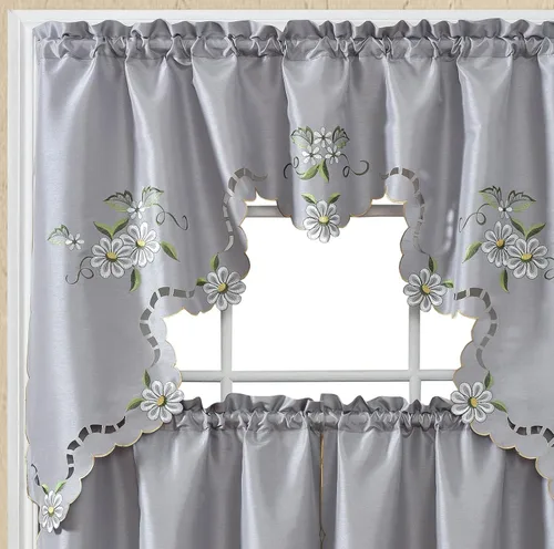 Gohd Cutwork Floral. Juego de cortinas de cocina. Juego de cenefa y flecos. Lindo bordado en tela de seda sintética con calados. (Gris)