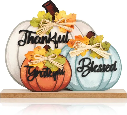 3 piezas de decoración de calabaza de otoño de madera, letrero de mesa con texto en inglés «Thankful Blessed Grateful» para otoño, granja, vintage,