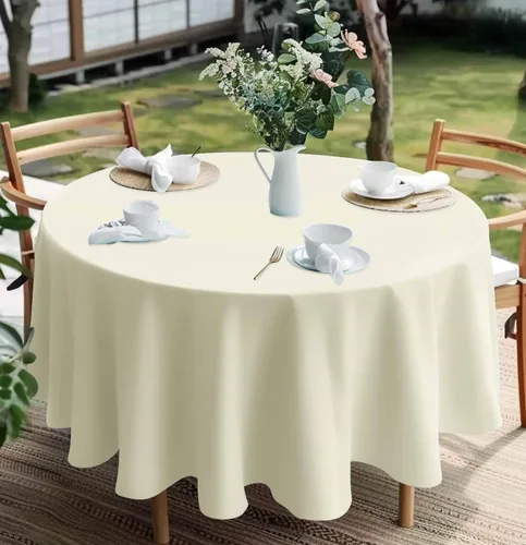 Miniatura 4 de HEIPINIUYE - Paquete de 2 manteles redondos de 84 pulgadas de plástico beige, manteles de mesa impermeables desechables para redondas, ideales