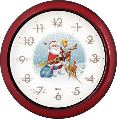 JUSTIME Fabuloso reloj de pared con melodía de Papá Noel y renos de 14 pulgadas, 12 canciones de villancicos de Navidad, reloj de pared para el