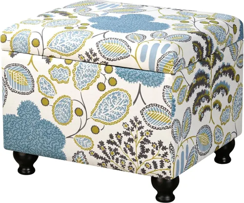 Miniatura 3 de Adeco Otomana Almacenadora Colorida con Almacenamiento, Otomana de 53 cm de Lino con Reposapiés y Tapa con Bisagra con Patrón de Hojas Azules