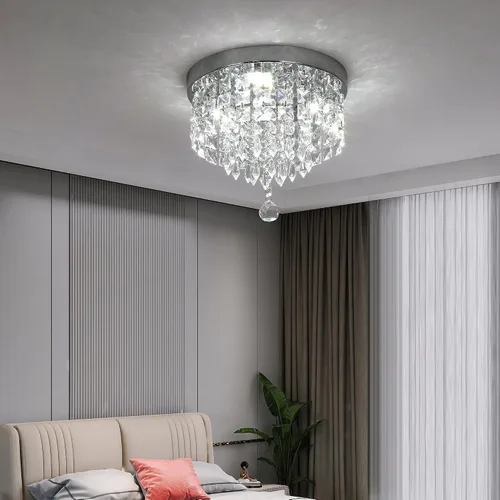 Miniatura 7 de Deckrico Candelabro de cristal moderno LED para techo, montaje empotrado, de acero inoxidable, pantalla de luz con cuentas para dormitorio, comedor