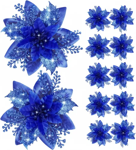 Miniatura 12 de Canlierr 12 piezas flores de Pascua de Navidad de 5.7 pulgadas con purpurina, flores artificiales con clips, adorno de árbol de Navidad para corona