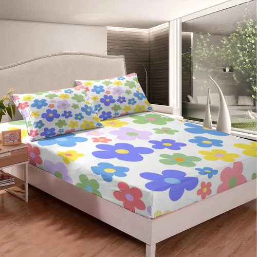 Miniatura 4 de Bonito juego de sábanas de flores para niñas y mujeres, sábanas coloridas de dibujos animados de flores funky de tamaño individual, bonito juego