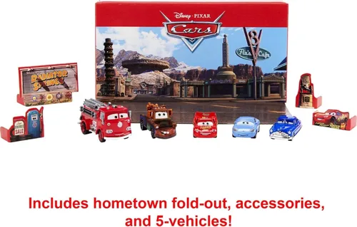Miniatura 3 de Mattel Disney y Pixar Cars Vehículo de 5 paquetes con 4 autos de juguete de personajes y 1 camión de bomberos rojo inspirado en Radiator Springs