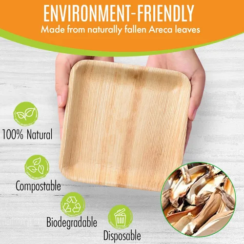 Miniatura 4 de Raj Platos ecológicos compostables de hoja de palma como platos de bambú desechables, platos cuadrados de 8 pulgadas, 200 platos, de madera natural