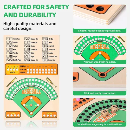 Miniatura 5 de Jioustoy Juego de mesa de béisbol, juego de dados de béisbol de madera con canicas, juego de viaje de béisbol y juego de mesa para interiores