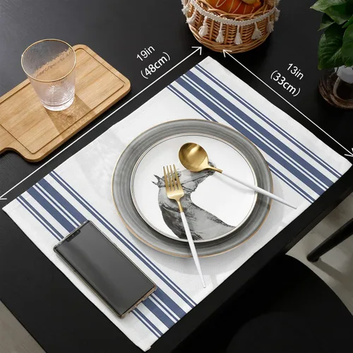 Miniatura 6 de Juego de 4 manteles individuales antideslizantes para interiores, diseño de rayas azules y blancas, para cocina, mesa de comedor, vacaciones, patio