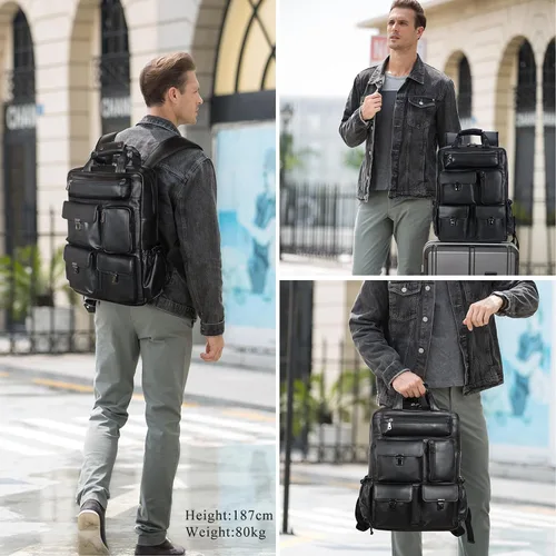 Miniatura 5 de Masa Kawa Mochila de cuero negro para hombre 15.6 pulgadas, bolsa para computadora portátil, múltiples bolsillos, casual, trabajo, negocios, viajes
