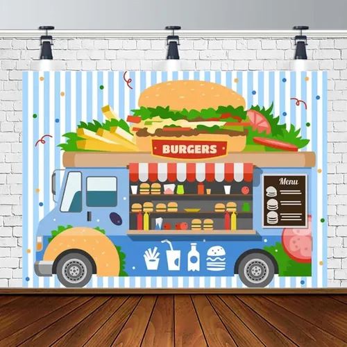 Miniatura 5 de Fondo de hamburguesa para camión de comida rápida, postre de tienda, hamburguesas, papas fritas, bebidas, fotografía, telón de fondo para niños
