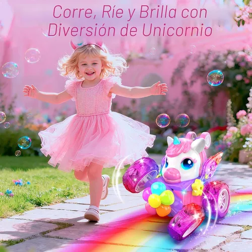 Miniatura 7 de Coches RC de unicornio para niñas, juguetes con alas de cristal brillantes y luces de ojos, rotación de 360°, auto de acrobacias de unicornio rosa