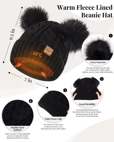 Miniatura 2 de Conjunto de gorro, bufanda y guantes de invierno para mujer, gorro con forro polar con doble pompón, guantes para pantalla táctil, bufanda de punto