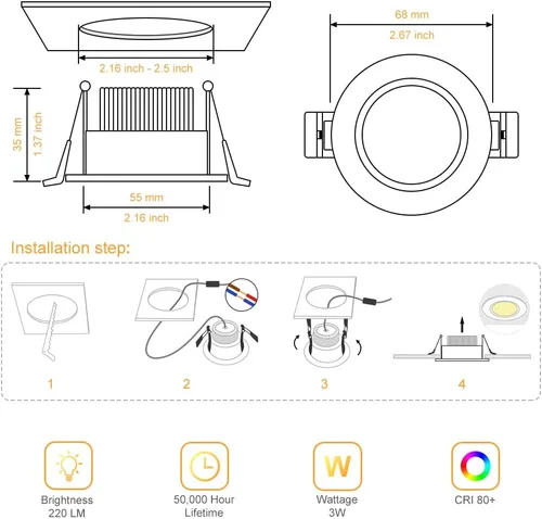 Miniatura 3 de Lámpara LED Downlight de 2 pulgadas, kit de luz de techo regulable de 3 W, luz blanca ultra cálida de 2700 K, luces LED blancas CRI80