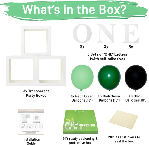 Miniatura 2 de Cajas de Globos de Primer Cumpleaños 'ONE' para 1 Año CON 24 Globos - Decoraciones de Primer Cumpleaños para Bebé Bloques de Cubo Transparente