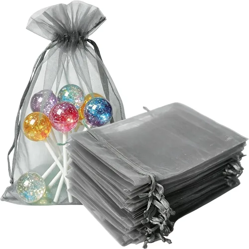 Miniatura 28 de Bolsas de regalo de organza de 4 x 6 pulgadas con cordón para joyas, dulces, paquetes de 50 bolsas de té de tela transparente azul aguamarina