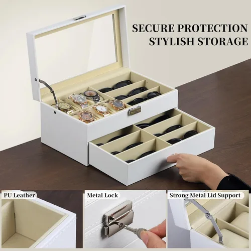 Miniatura 3 de AUTOARK AW-131 - Caja de cuero para 6 relojes, joyero y 9 piezas para guardar lentes de sol y lentes de sol, cajón organizador con cerradura