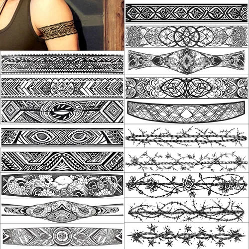 GLARYYEARS Tatuaje temporal de alambre de púas – Paquete de 18 tatuajes polinesios falsos de tamaño súper largo, realistas y bohemios, brazalete