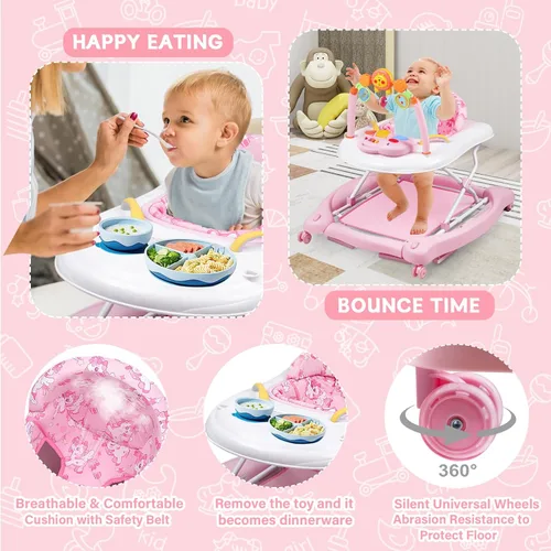 Miniatura 4 de Andador de bebé, 5 en 1 para niños y niñas de 6 a 12 meses, andadores plegables para bebés con gorila y bandeja de alimentación, música, alturas