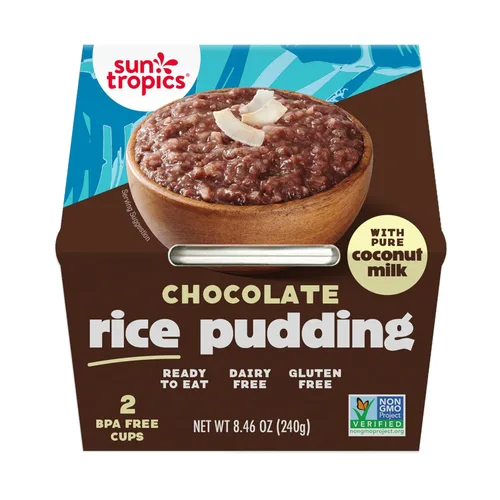 Sun Tropics Bocadillo de pudín de arroz con leche de coco, chocolate, vegano, sin lácteos, sin gluten, bajo en azúcar, sin OMG, tazas de pudín