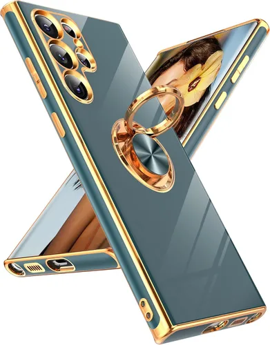 Miniatura 126 de LeYi Funda para Samsung Galaxy S22 Ultra con soporte de anillo giratorio de 360°, soporte magnético, chapado en oro rosa, borde protector para Negro