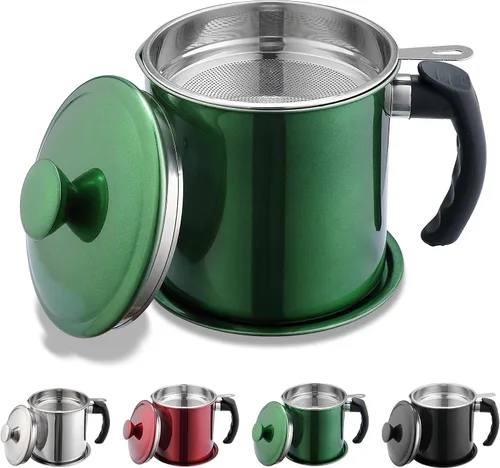 Miniatura 9 de Kyraton Contenedor de Grasa de Tocino con Colador, Recipiente de Aceite de Acero Inoxidable de 48 oz, Recipiente de Grasa de Olla con Tapa, Mango