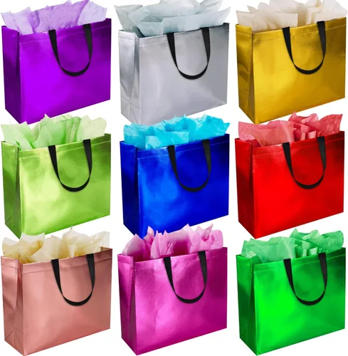BLEWINDZ 18 Bolsas de Regalo Grandes con Papel de Seda para Regalos - 13'' Bolsas de Regalo Reutilizables No Tejidas con Brillo Metálico - Bolsa de