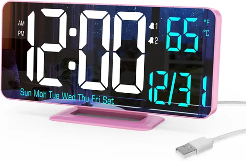 Miniatura 12 de KOSUMOSU Reloj de Escritorio 6.7 pulgadas Reloj Despertador Digital Negro con Alarma Dual, Atenuación, Fecha, Día de la Semana, Temperatura, 12h