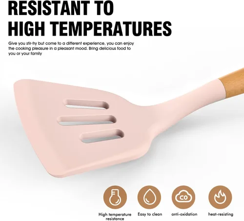 Miniatura 2 de Juego de Utensilios de Cocina de Silicona - AVGPD Utensilios de Cocina de Silicona para Cocinar con Mangos de Madera, Resistente al Calor 446°F