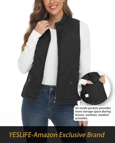 Miniatura 2 de YESLIFE Chaleco de moda para mujer con un bolsillo interior cuello alto ligero con cremallera acolchado para mujer