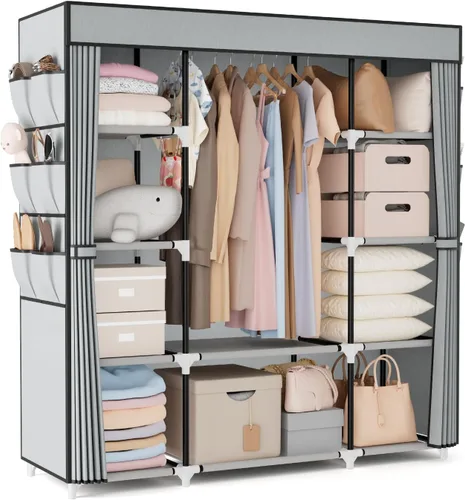 Miniatura 10 de VTRIN Armario Portátil Guardarropa Armario para Colgar Ropa con 4 Estantes de Almacenamiento, 2 Varillas para Colgar y 6 Bolsillos, Perchero Estable
