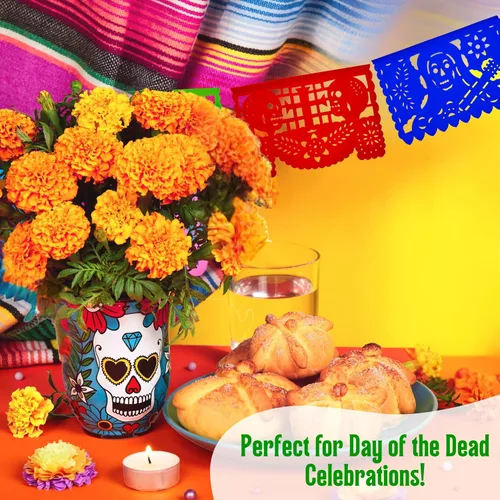 Miniatura 3 de Dia de los Muertos Papel Picado (PAPEL) – Decoración de fiesta del Día de Muertos (paquete de 4, 10 banderas por bandera) – Papel Picado Mexicano