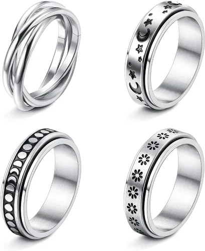 FUNRUN JEWELRY Juego de 4 anillos giratorios de acero inoxidable para mujeres y hombres, anillos de banda para la ansiedad, luna, estrella, celta,