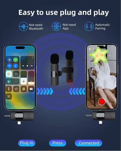 Miniatura 5 de AMOOX Micrófono Lavalier inalámbrico para cámara de iPhone, transmisión en vivo, vlogging, micrófono omnidireccional inalámbrico, micrófono
