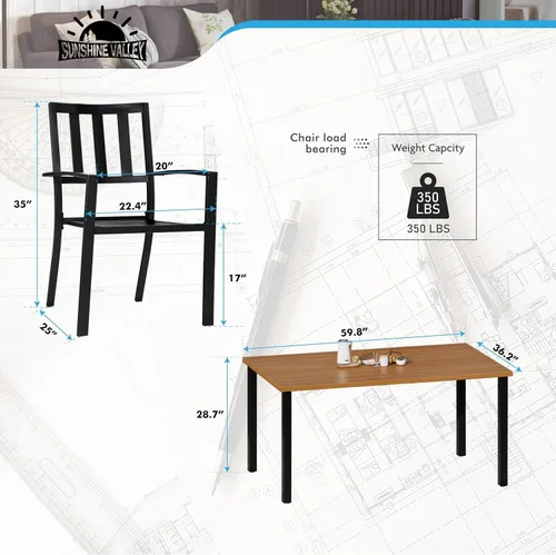 Miniatura 9 de SUNSHINE VALLEY Juego de 7 sillas de comedor para patio, material metálico, 6 sillas de comedor de color teca rectangular con agujero para sombrilla