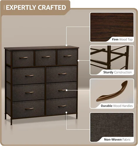 Miniatura 4 de Sorbus - Cómoda con 9 cajones para dormitorio, pasillo, armario, organización de oficina, marco de acero, parte superior de madera, contenedores