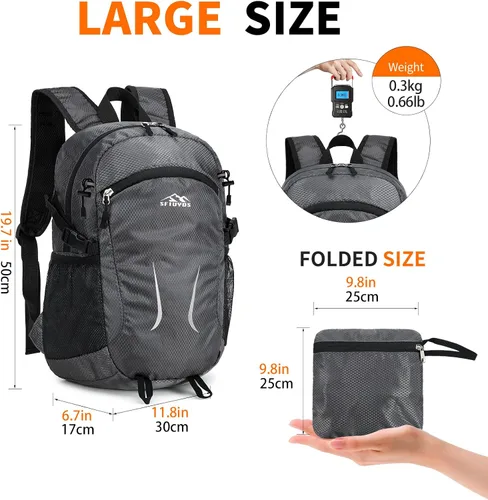 Miniatura 4 de Mochila de senderismo pequeña de 35 litros de largo, ligera, plegable, resistente al agua, para mujeres y hombres, campamento (gris)