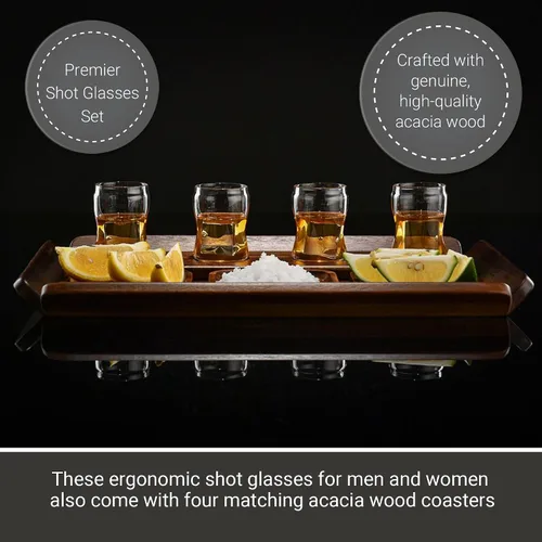 Miniatura 3 de Juego de bandejas de vuelo de tequila de madera rústica, tabla de degustación con 4 vasos de chupito y posavasos, muestra de cóctel para fiestas