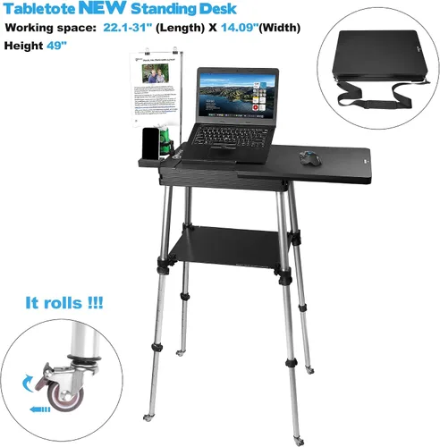 Miniatura 4 de Tabletote Soporte móvil plegable portátil para computadora portátil, altura ajustable de 19 a 49 pulgadas, estación de trabajo con ruedas, diseño