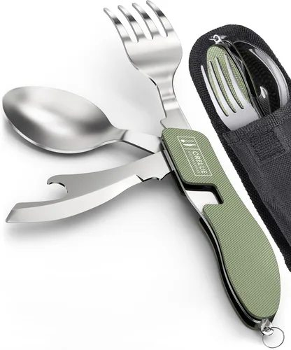 Orblue Utensilios de comida 4 en 1, paquete de 2 – Cuchara portátil, tenedor, cuchillo y abridor de botellas, cubiertos de acero inoxidable con